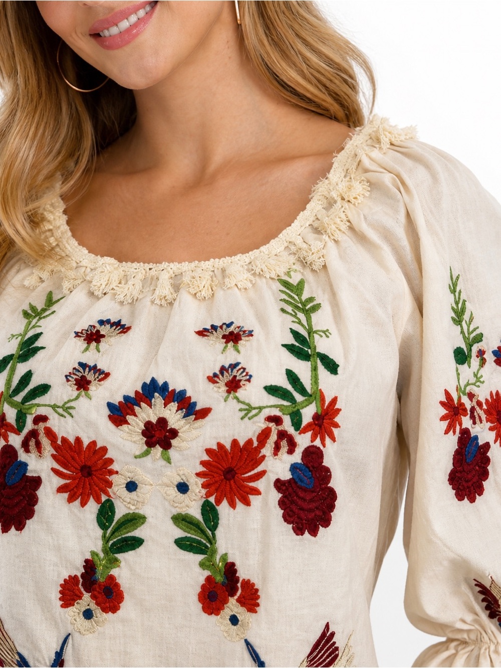 Tan Embroidered Floral, Bird Design and Ruffled, Tasseled 3/4 Sleeve Tunic - Picture 3 of 14